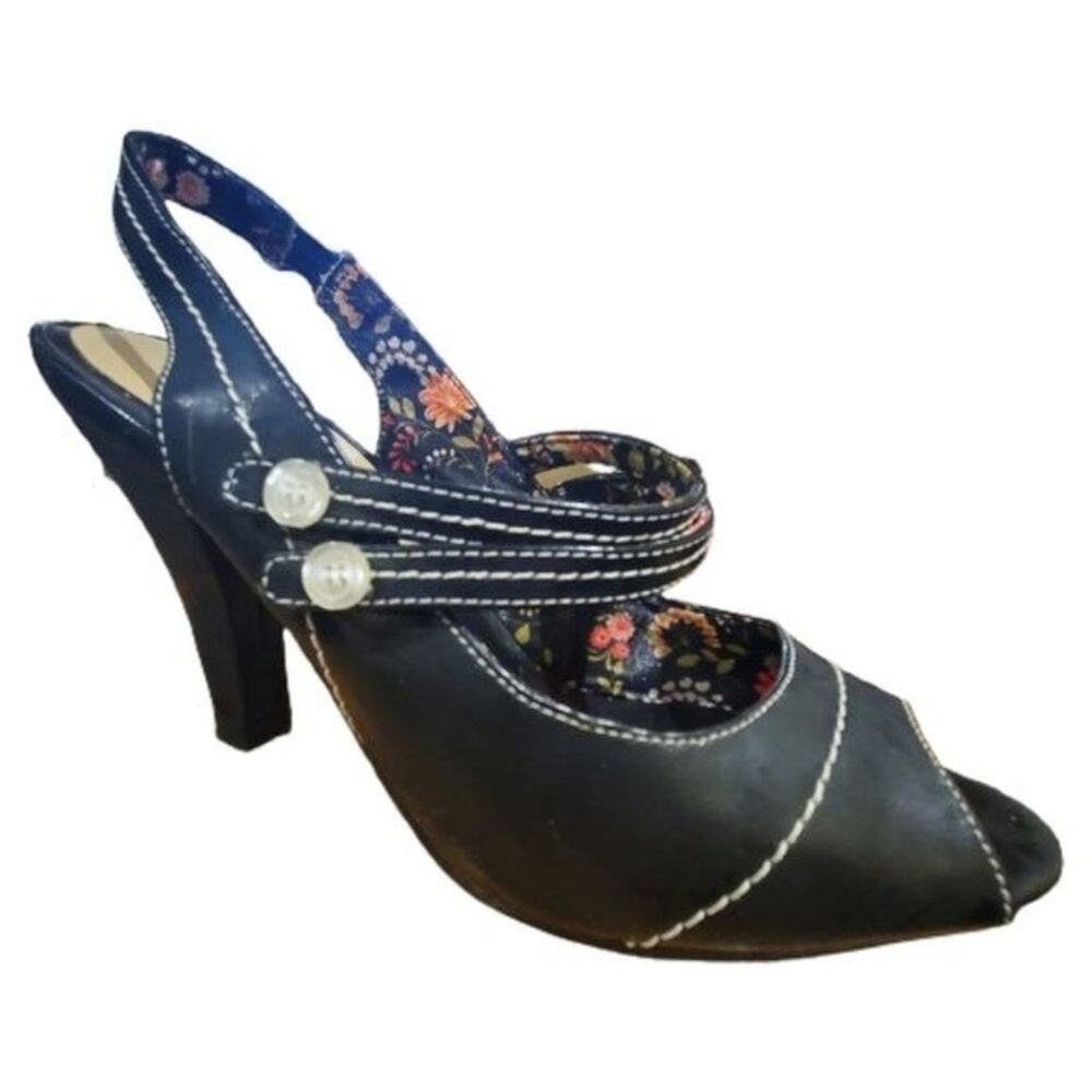 Black Slingback Peep Toe Heels Dark Fairy‎ Pinup Floral Lining Buttons Size 7.5M